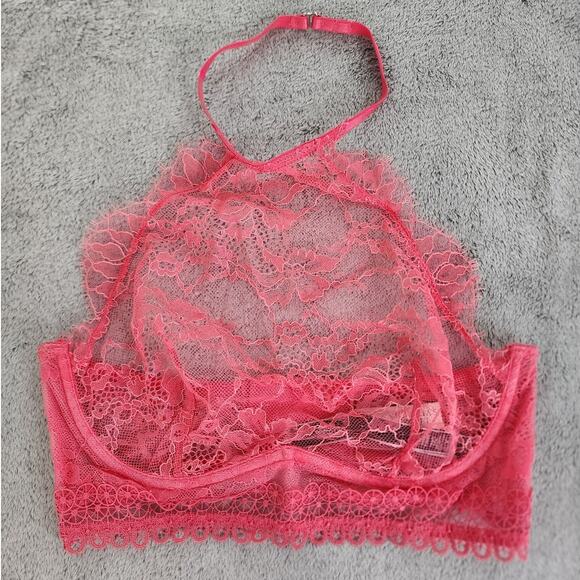 NEW Victoria's Secret Bralette 32D Pink Coral Very Sexy High Neck Lace Underwire - Picture 1 of 8